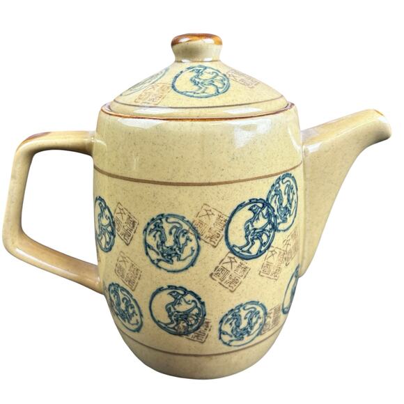 Pier 1 TeaPot  Porcelain Yellow Green Asian Dragon Stamps Design Art Stoneware - Picture 3 of 11